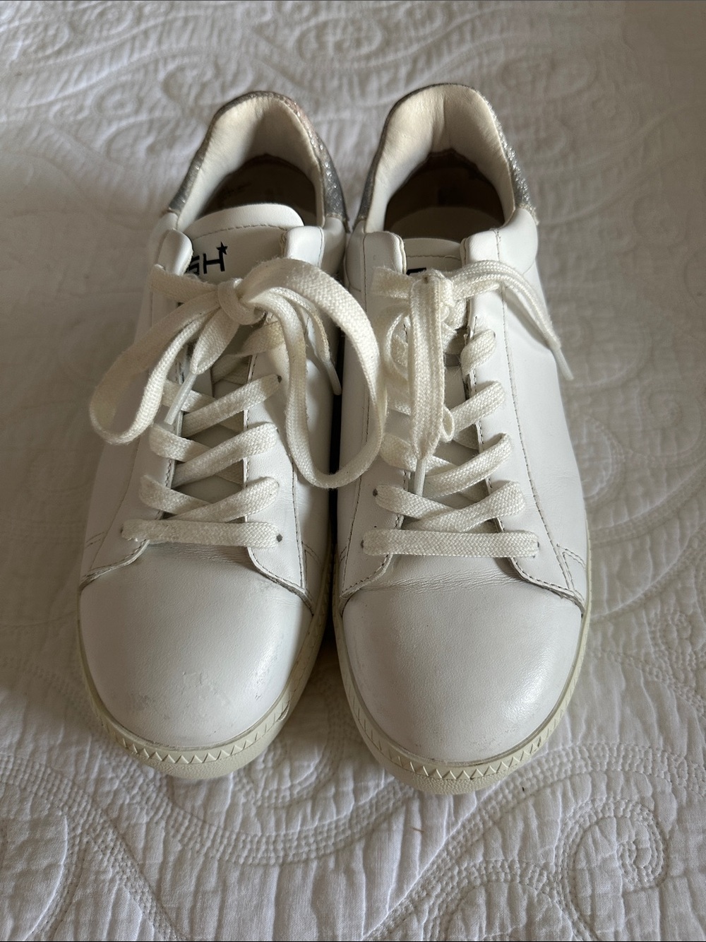 Ash White Leather Platform Low-Top Sneakers with Silver Heel Accent